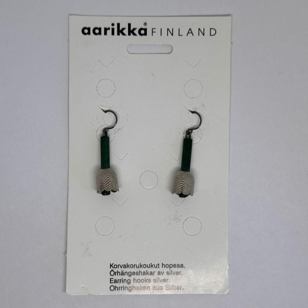 Aarikka Finland Green Wood and Silver Tulip Drop Earrings Scandinavian Design